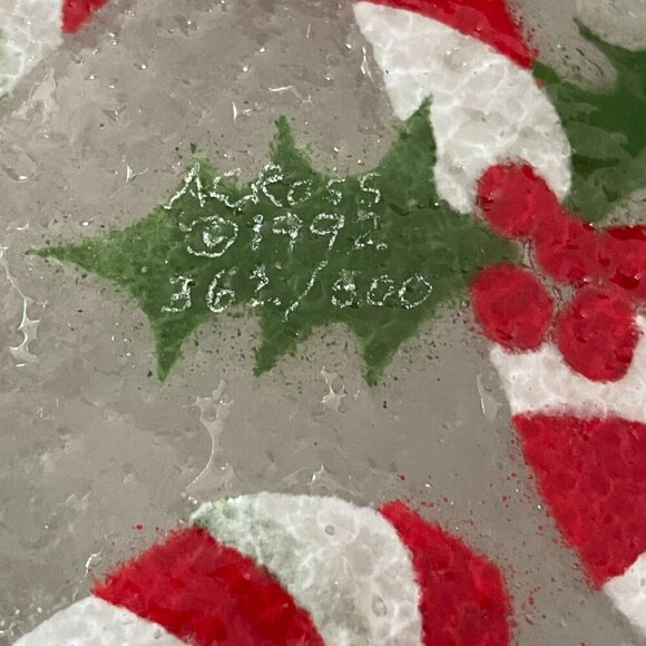 Vintage Anne C Ross Signed Red Green Candy Canes Fused Glass 10" Round Plate - Picture 5 of 5